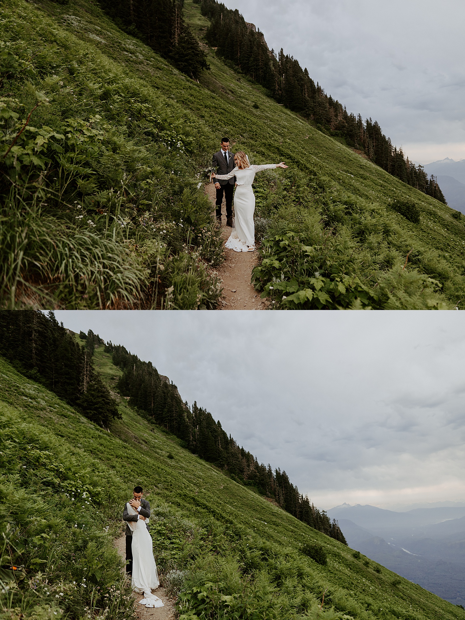 bride and groom first look on trail in mount baker