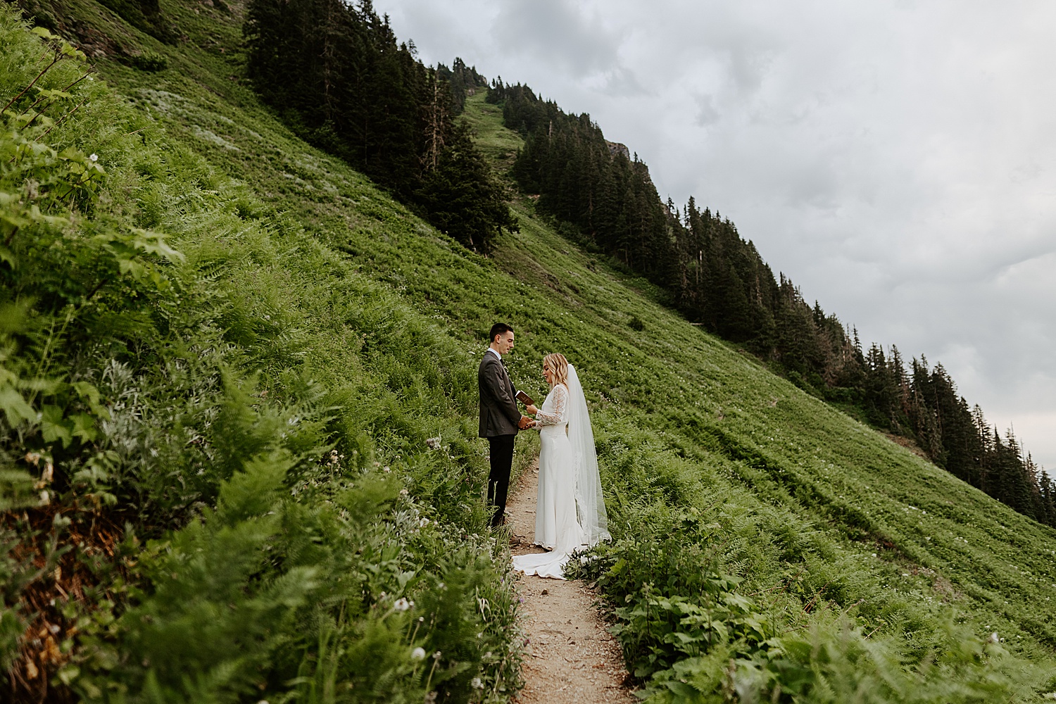 bride and groom private vows on a trail in mount baker