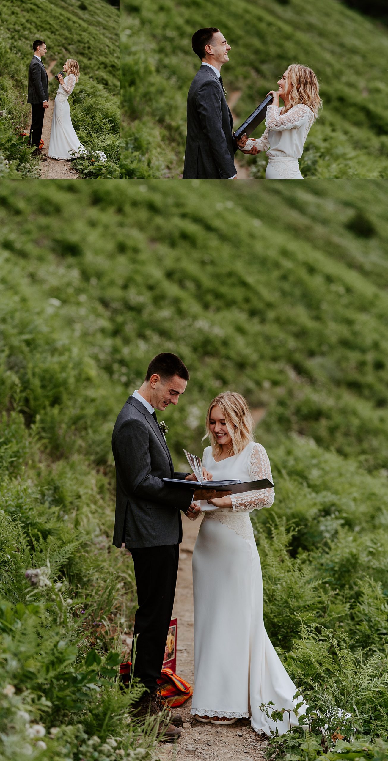 bride and groom opening private gifts on a trail