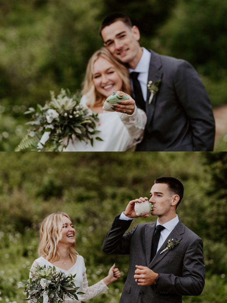 married couple celebrating with a frog flask