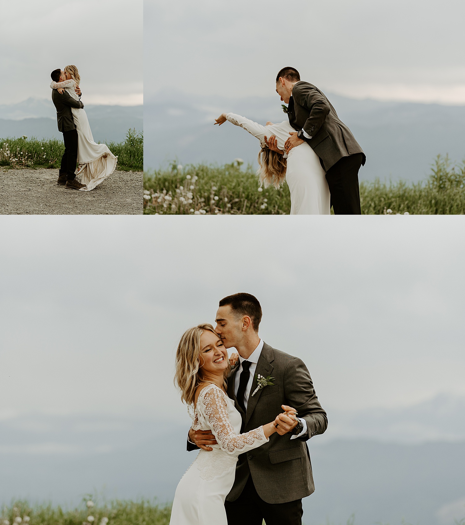 newly married couple first dance in the mountains