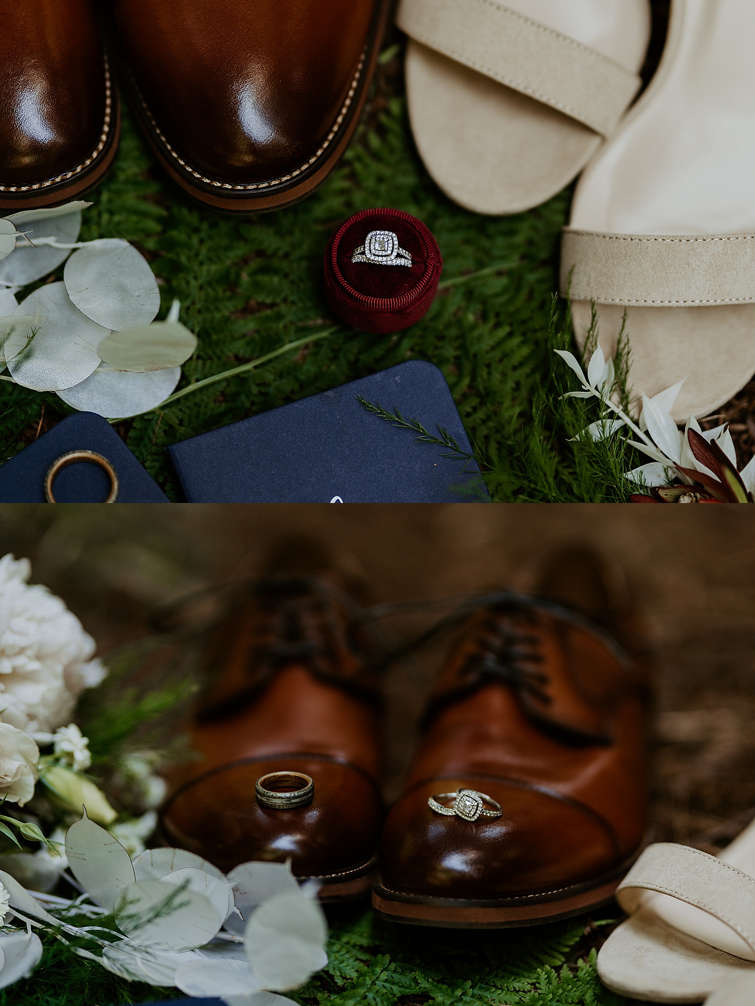 Vow books, rings, boutonniere, and wedding details