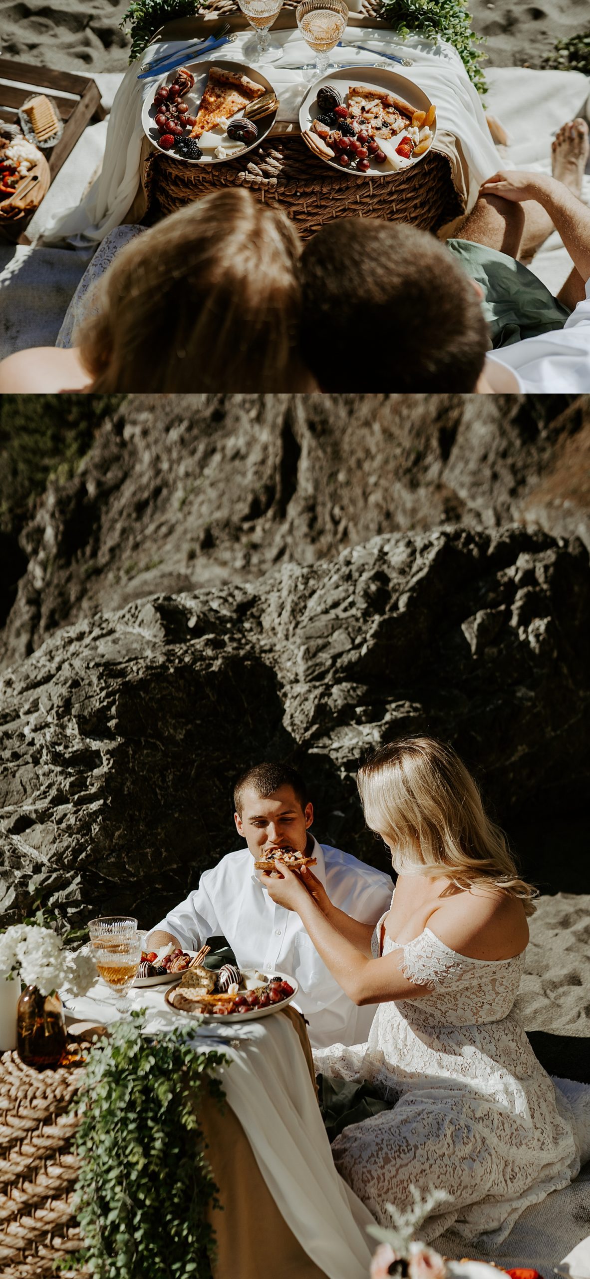 Beach elopement picnic with pizza and charcuterie
