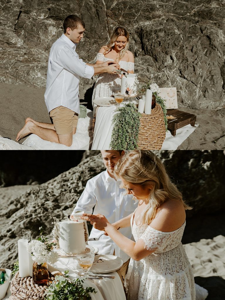 Beach elopement picnic and cake cutting