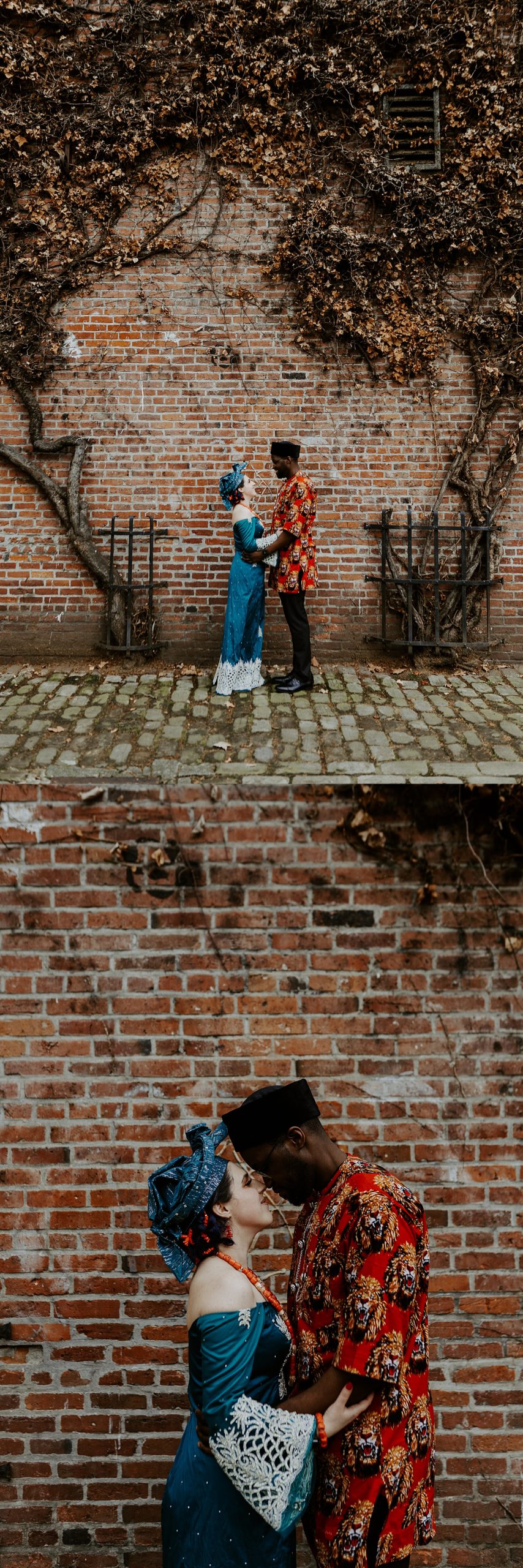 bride and groom portraits in front of a brick wall in dowtown Seattle