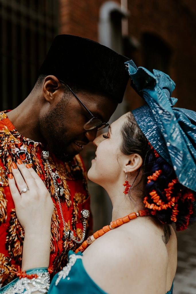 up close image of a couple in traditional Igbo wedding attire