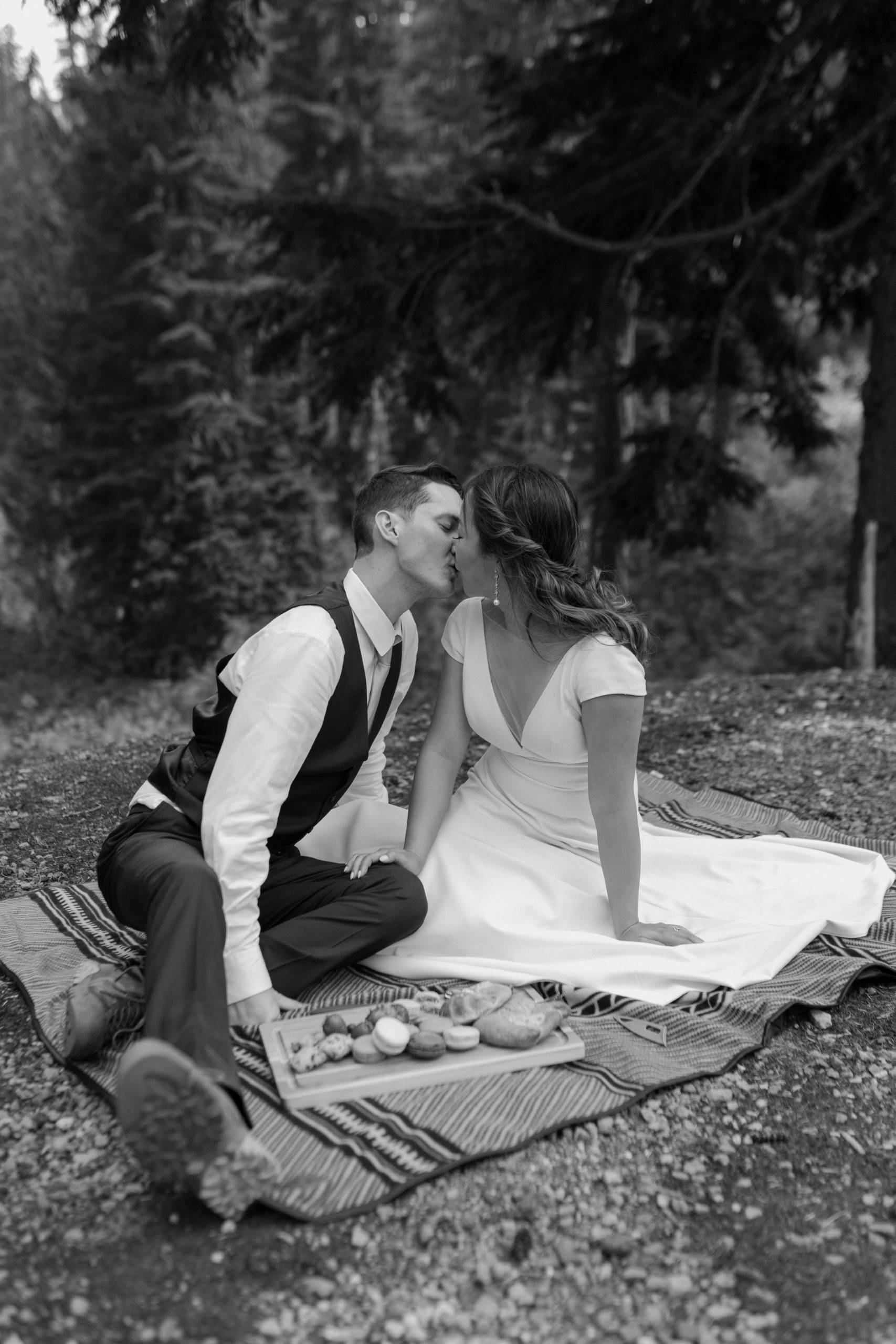 black and white photo of a married couple kissing on a picnic blanket