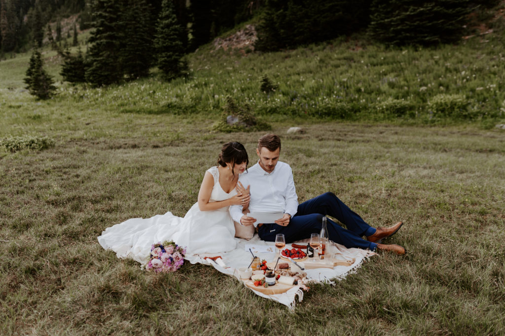 married couple enjoying a post elopement picnic in a grass field