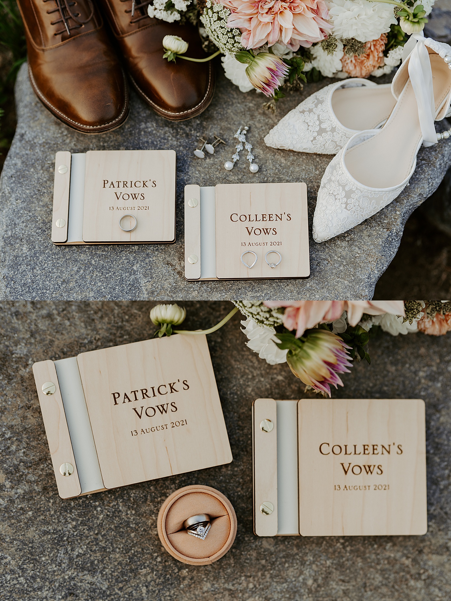 elopement details with rings and vow books