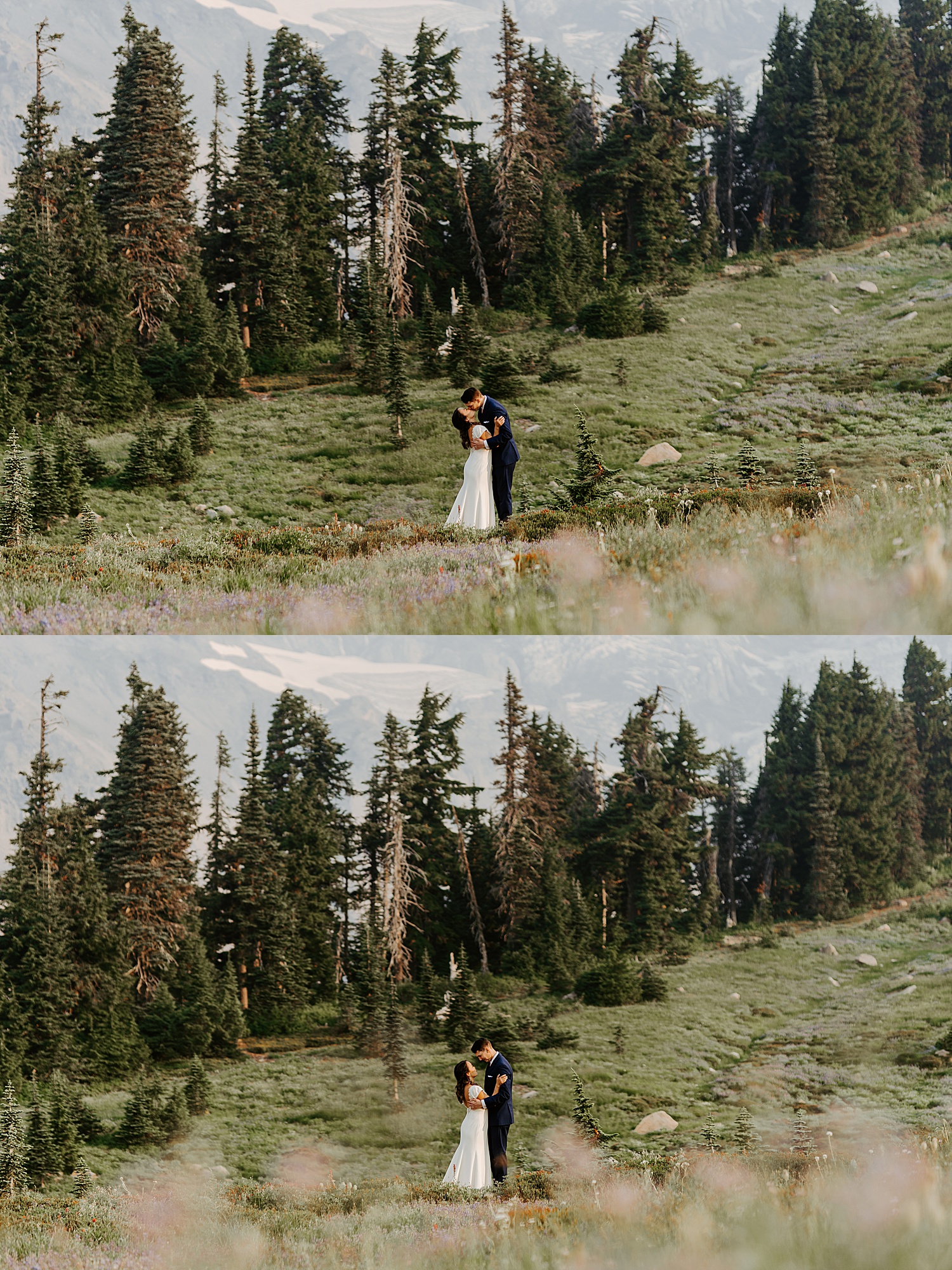 mount rainier meadow portraits of bride and groom