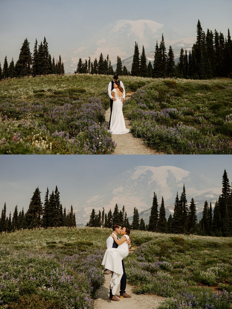 bride and groom elopement portraits in a meadow at mount rainier