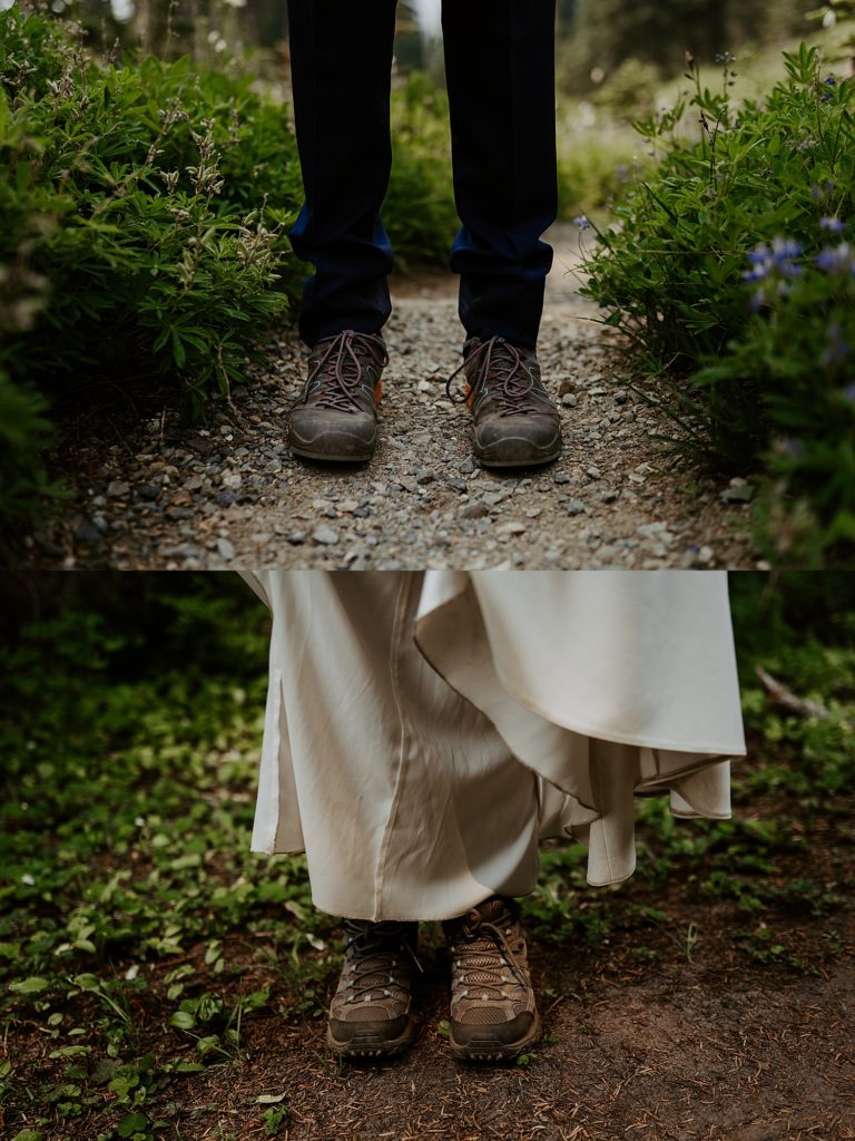 bride and groom hiking shoes