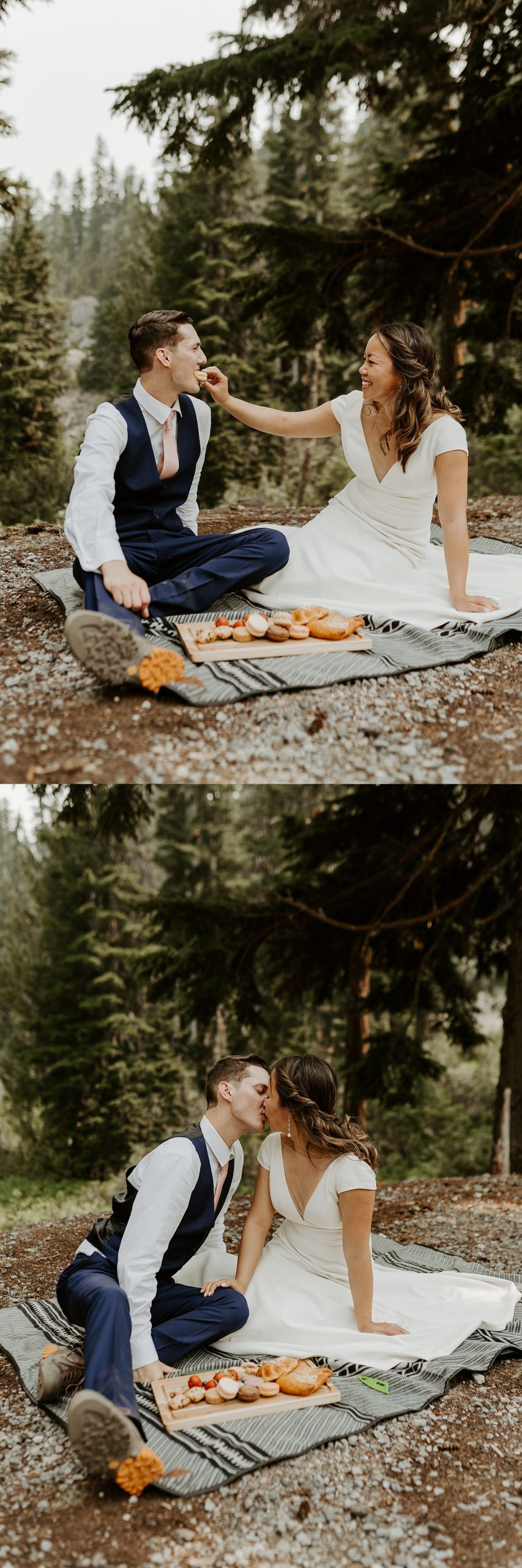 bride and groom enjoying a post-hike picnic