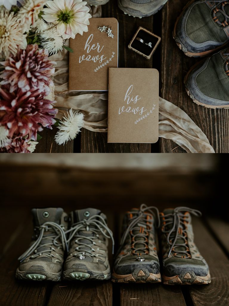 hiking adventure elopement details with rings, vow books, and hiking boots