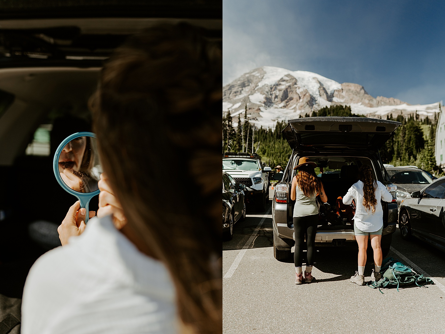 bride getting ready at her car in the mount rainier parking lot