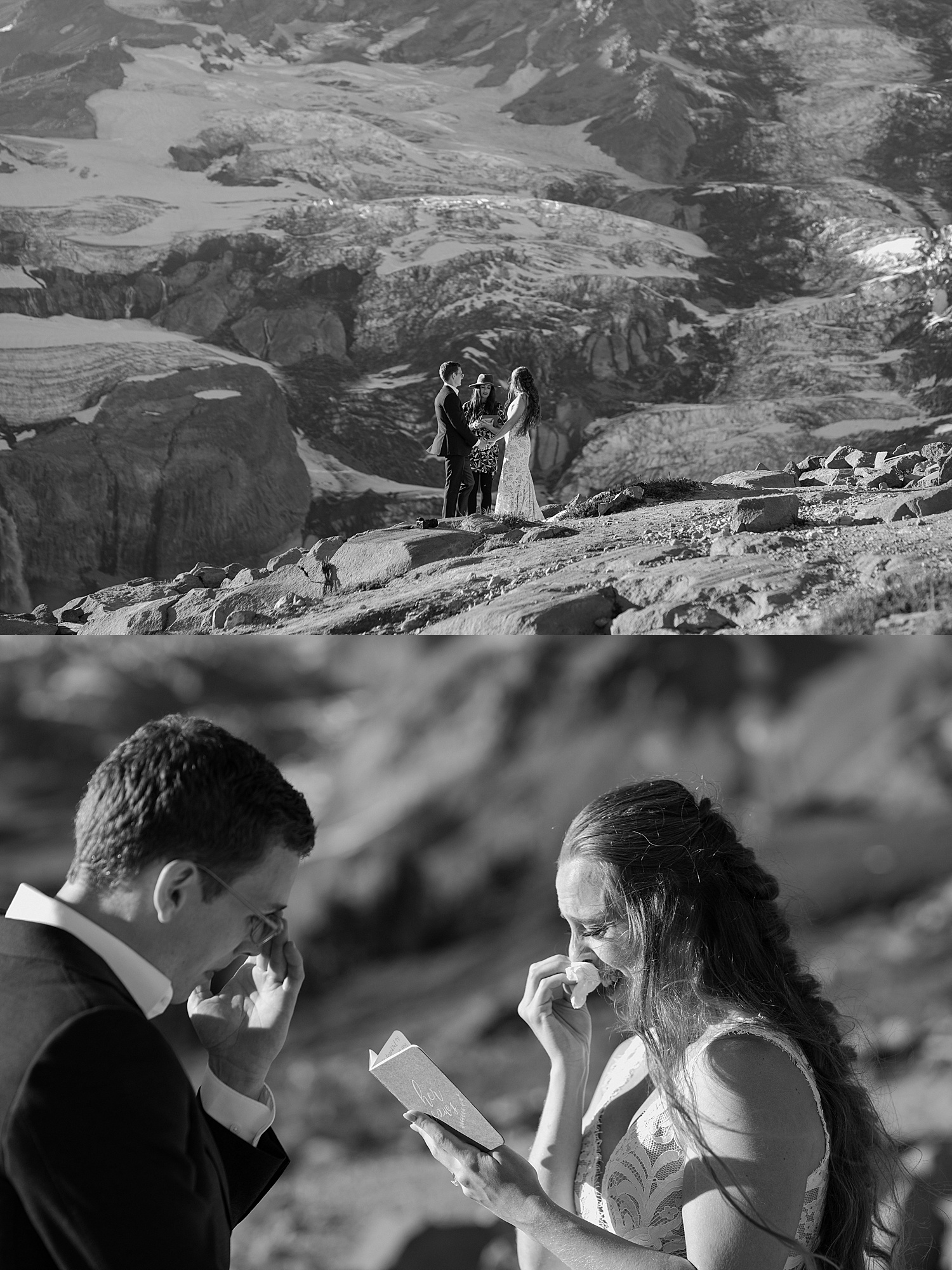 black and white photos of bride and groom exchanging vows