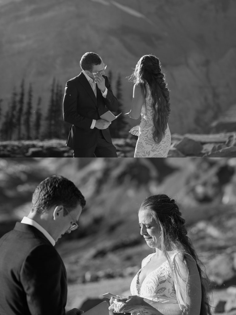 black and white photos of bride and groom exchanging vows