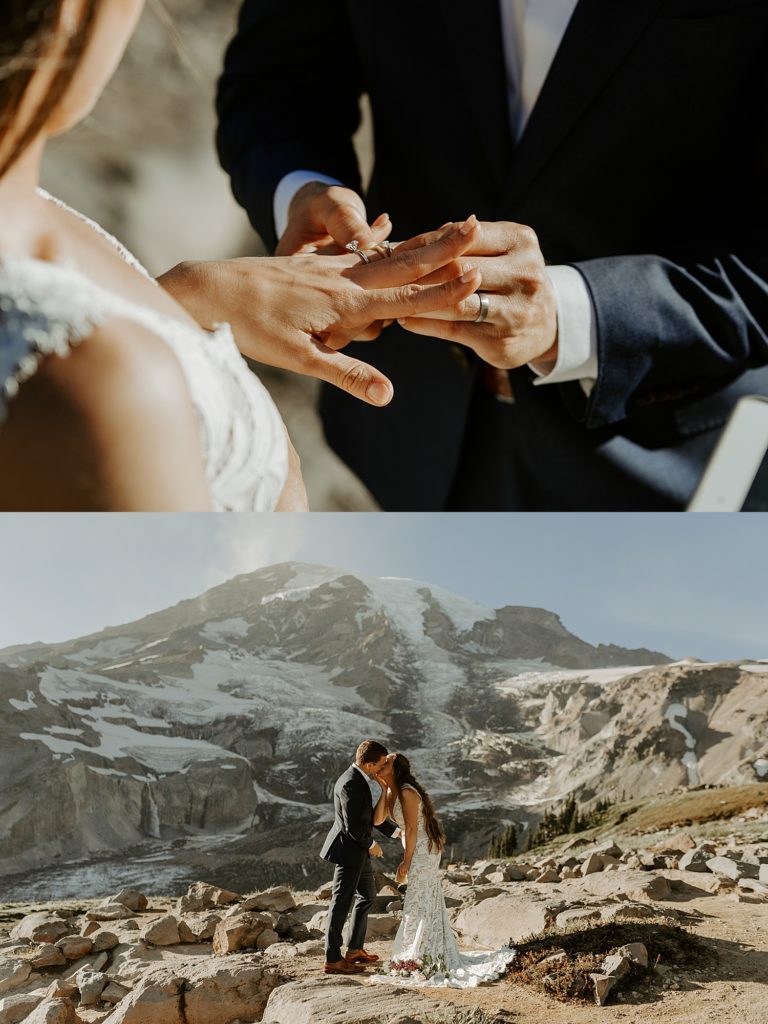 bride and groom exchaning wedding rings and a first kiss at mount rainier