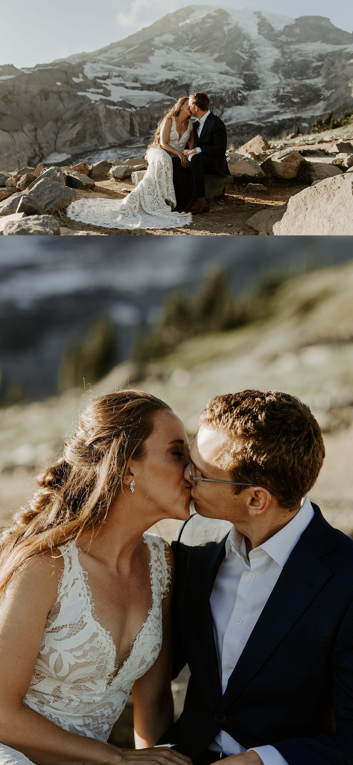 bride and groom kissing in front of mount rainier