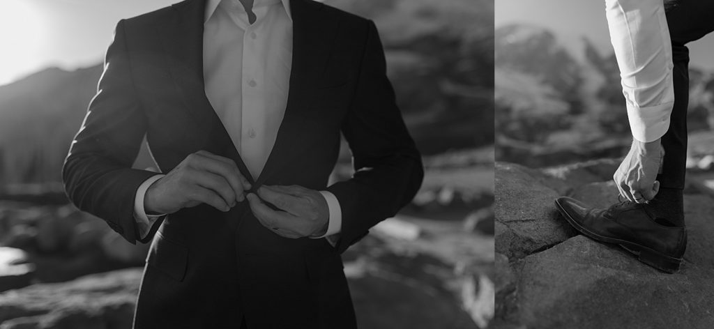 black and white groom details in front of mount rainier