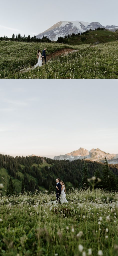 bride and groom portraits at sunset in mount rainier meadows