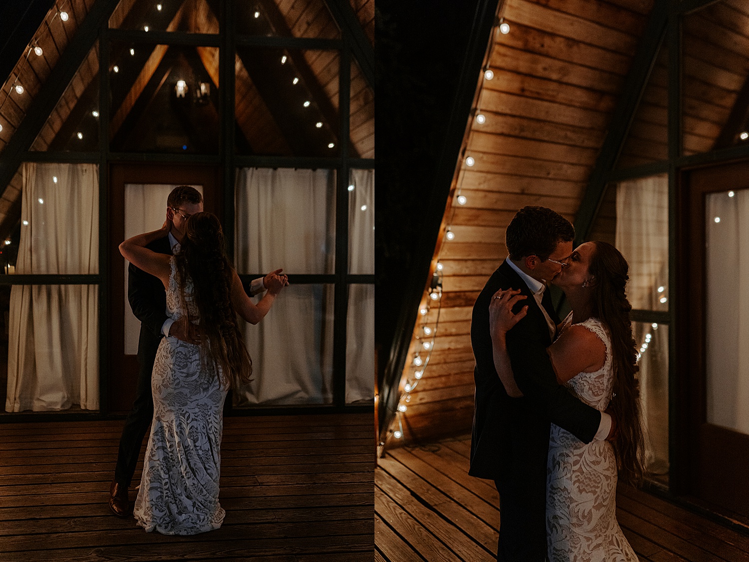 bride and groom's intimate dance at an a-frame cabin