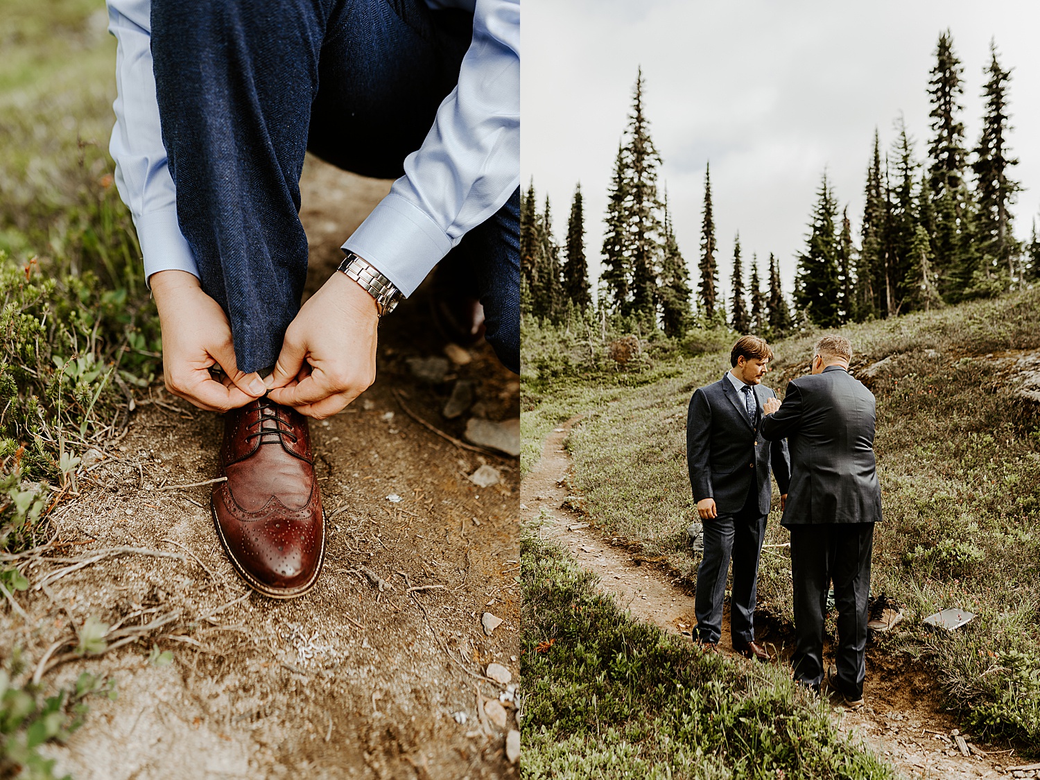 Groom getting his shoes on and his father-in-law putting a pocket square on