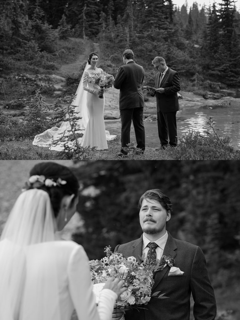black and white photos of an intimate elopement ceremony at a lake in mount rainier