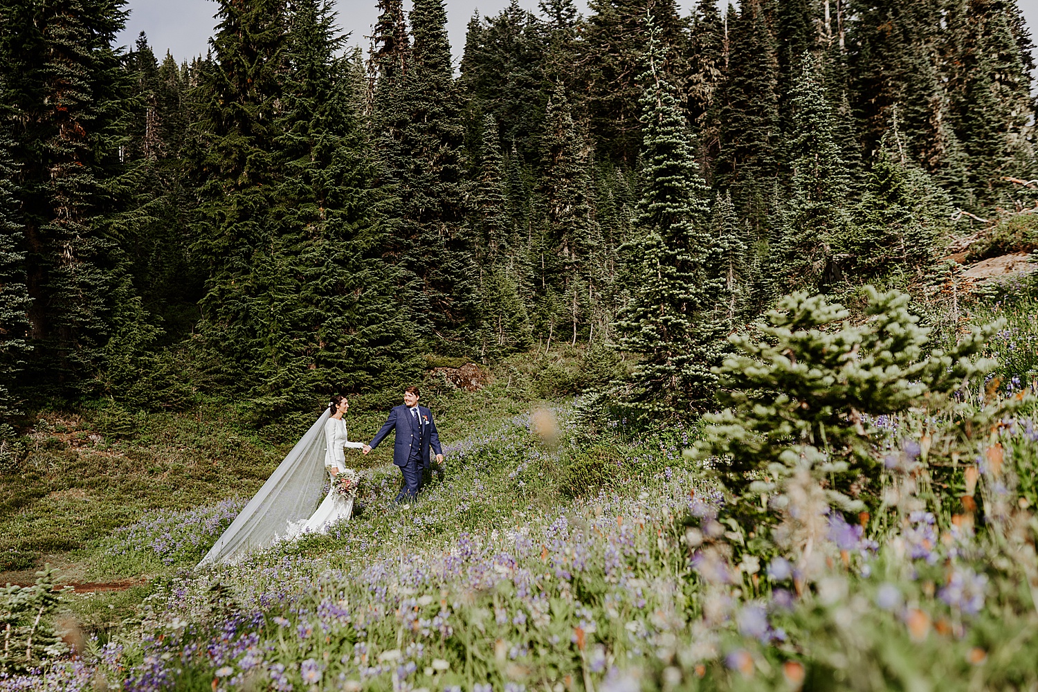 bride and groom walking on a trail through a meadow
