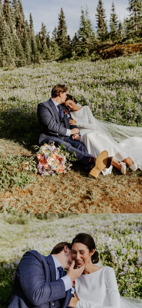 bride and groom portraits in a flower meadow