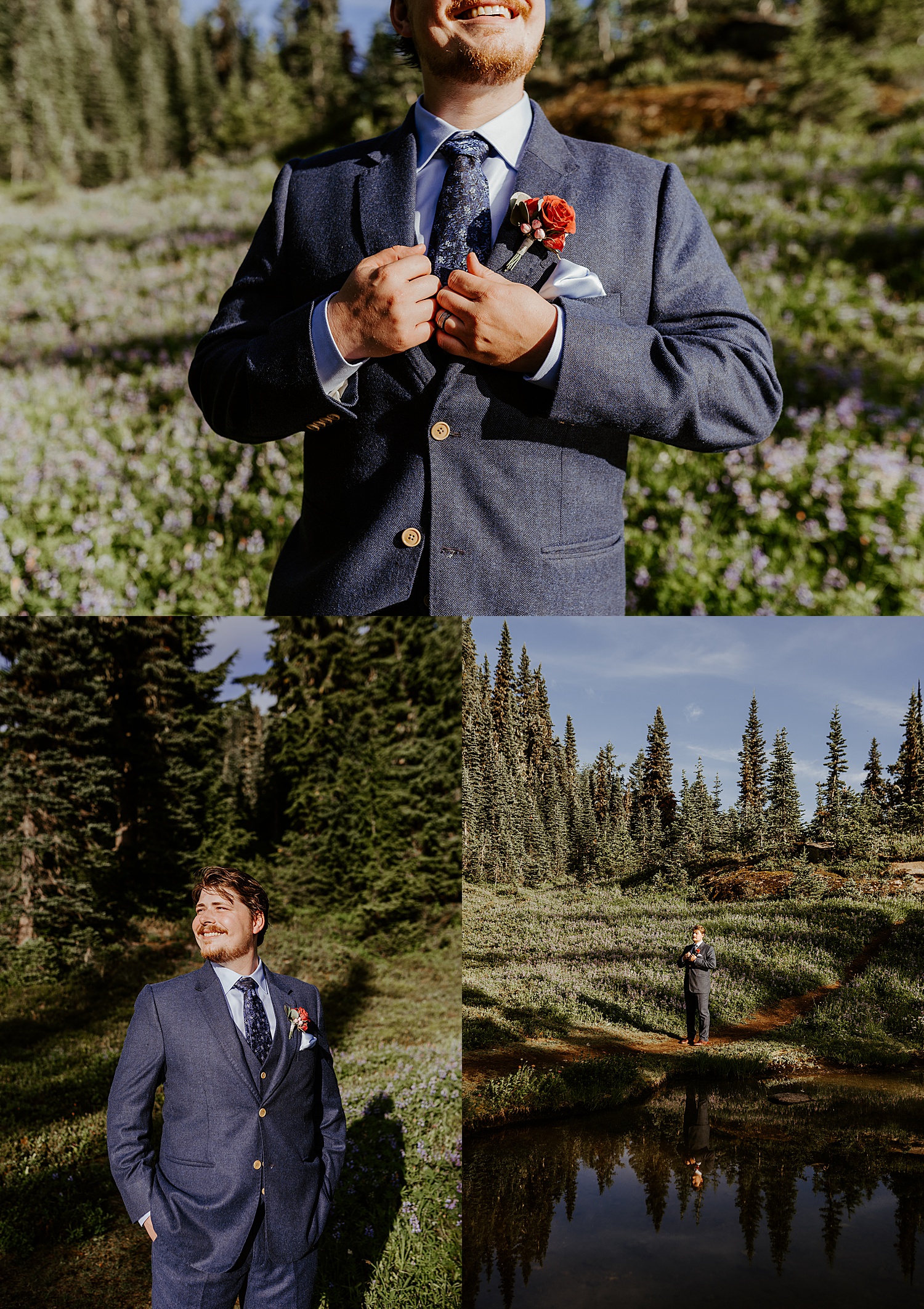 groom portraits in a meadow by a small lake