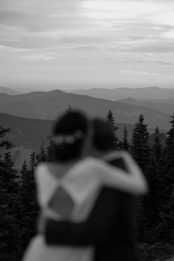 black and white photo with mountains in focus