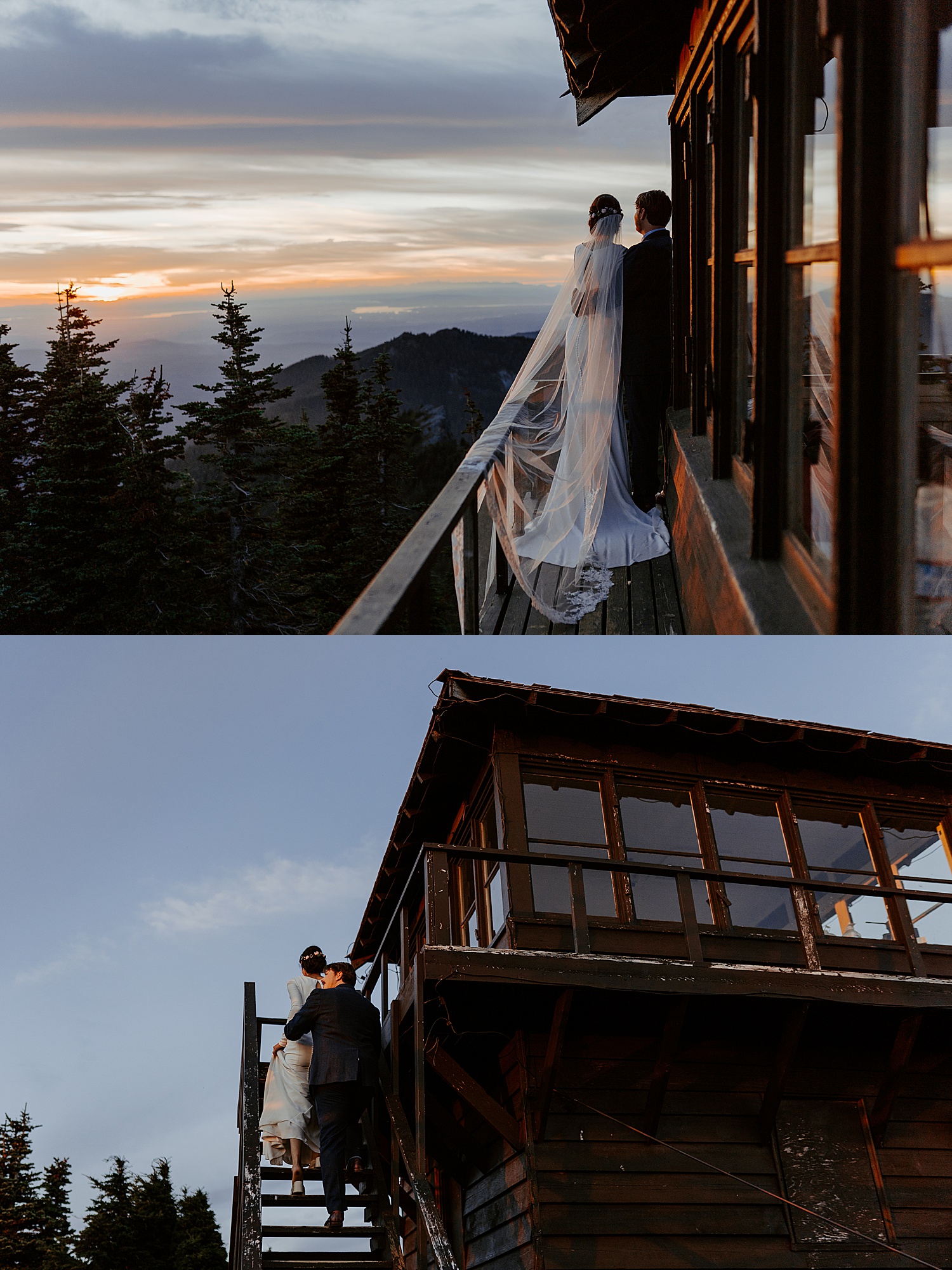 bride and groom walking up a fire lookout at sunset