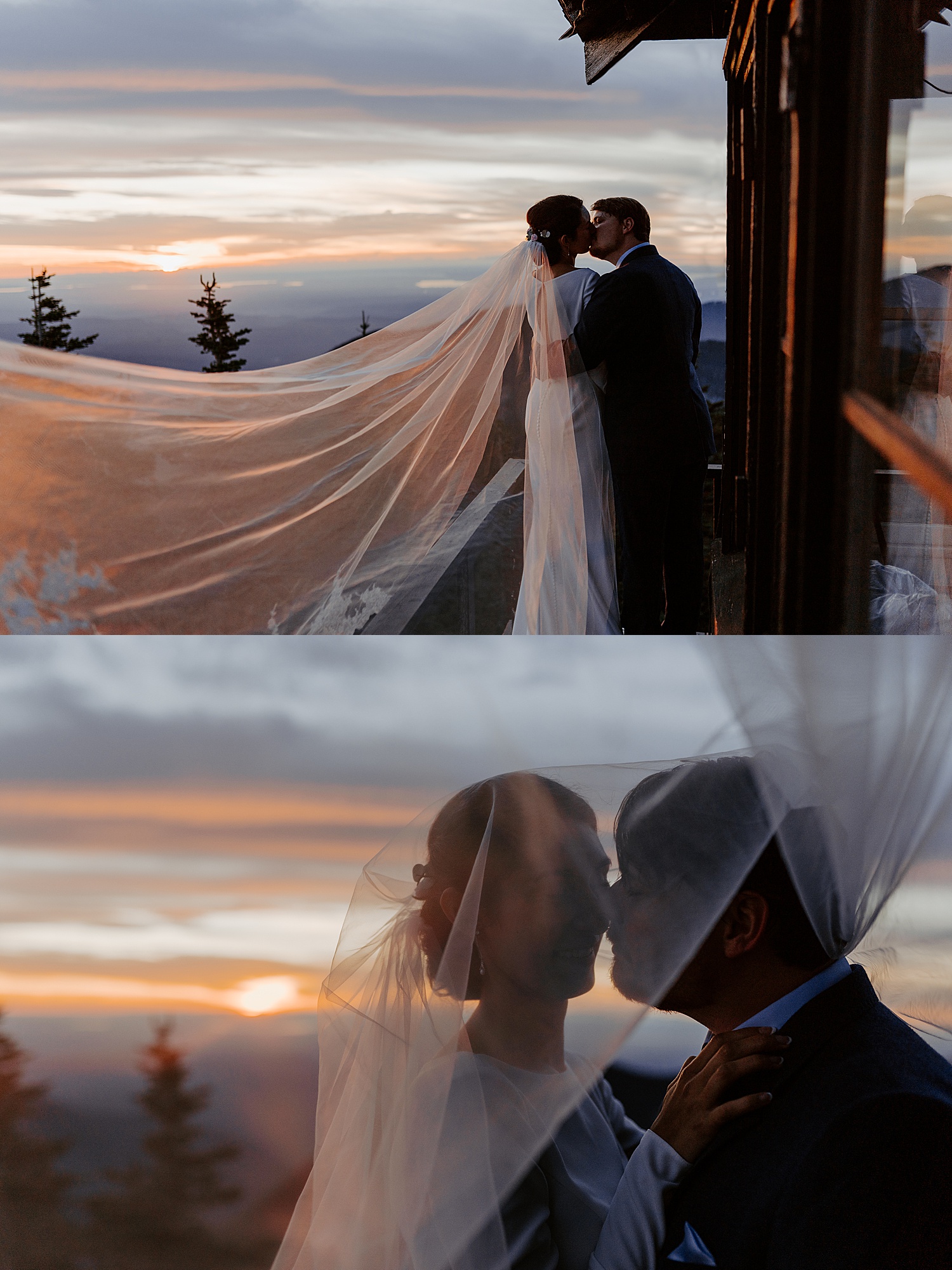 bride and groom sunset portraits at a fire lookout
