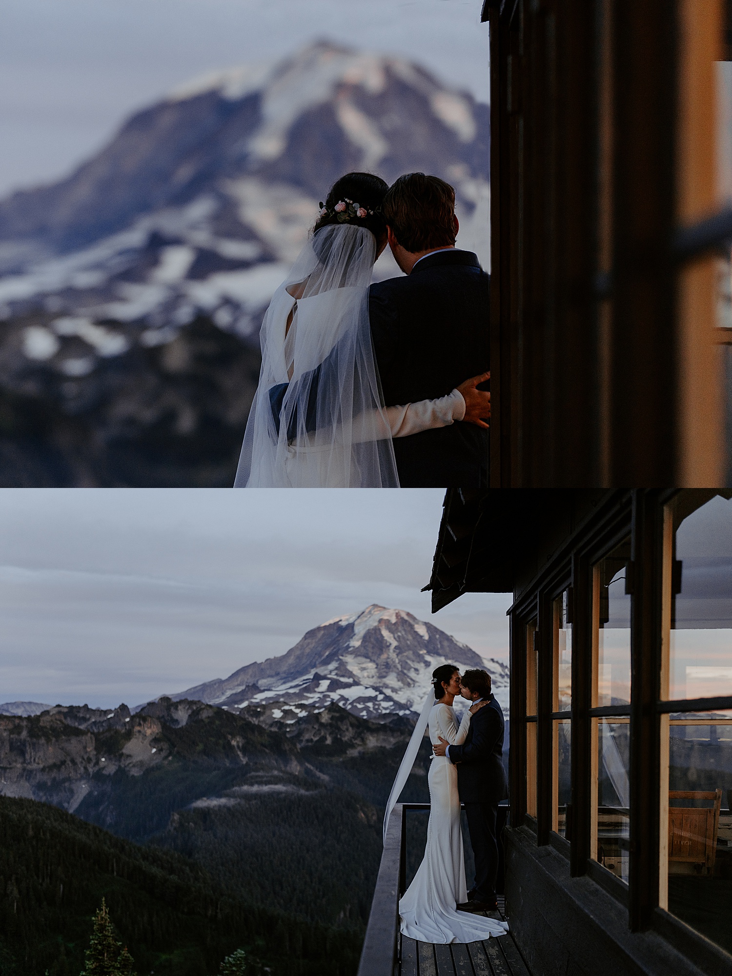 bride and groom sunset portraits at a mount rainier fire lookout