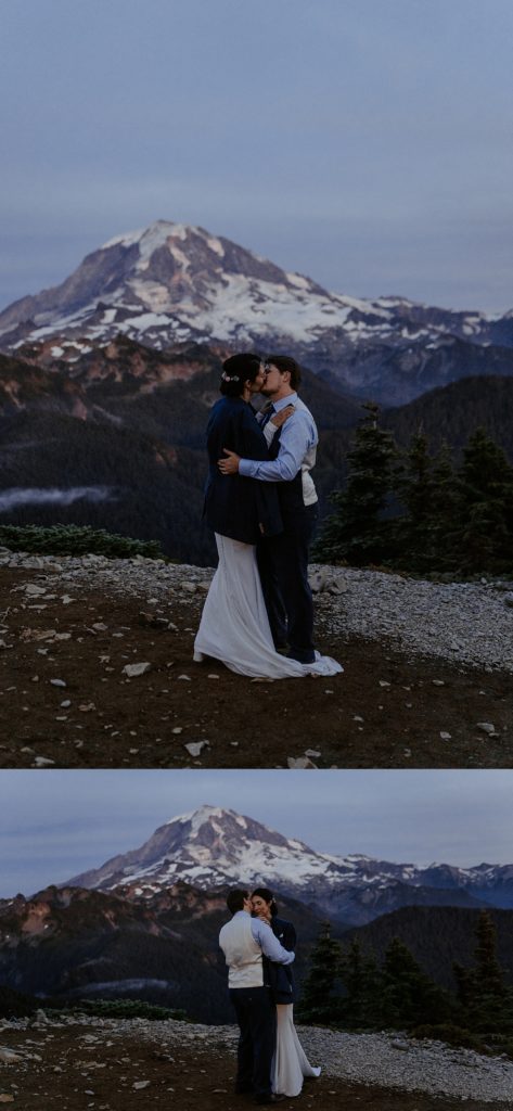 bride and groom's first dance under the stars at mount rainier