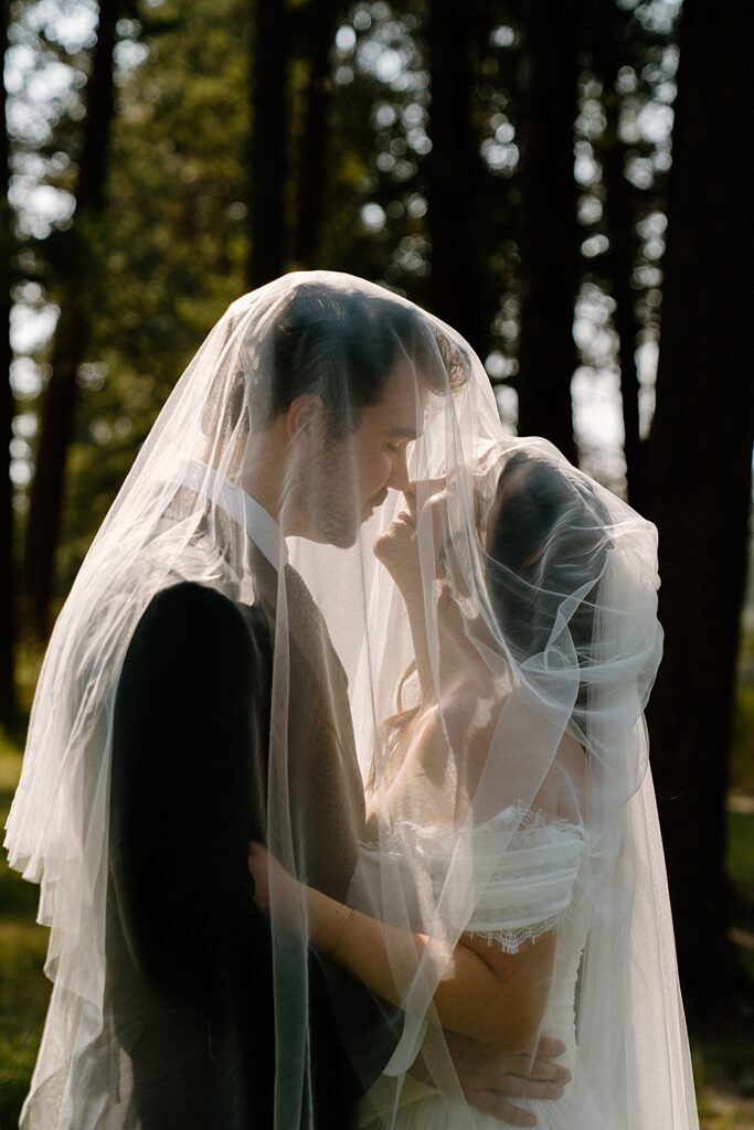 Up-close image of bride and groom under the bride's veil. 