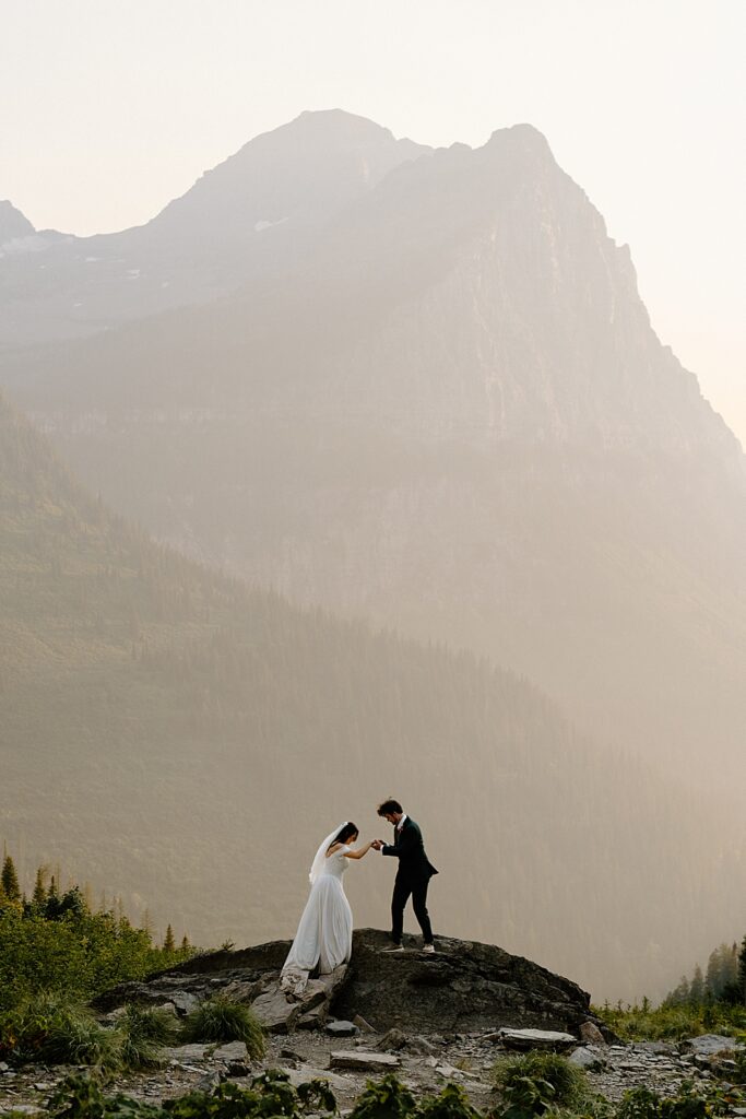 Sunset elopement photo at Big Bend in Glacier National Park, Montana.
