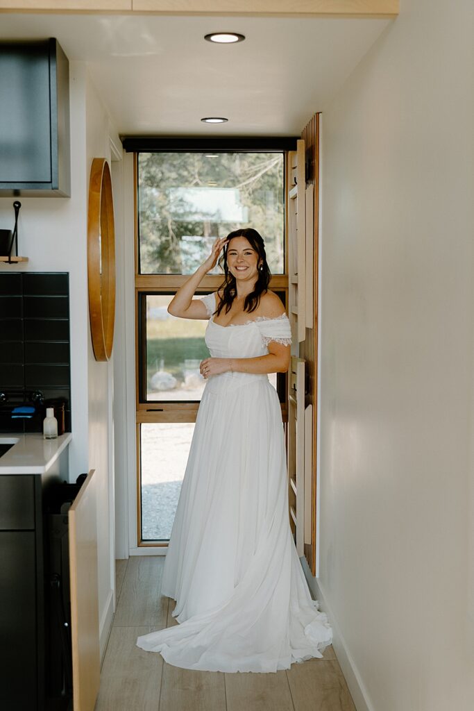 Elopement bridal portrait in a tiny cabin in Flathead Valley, Montana.