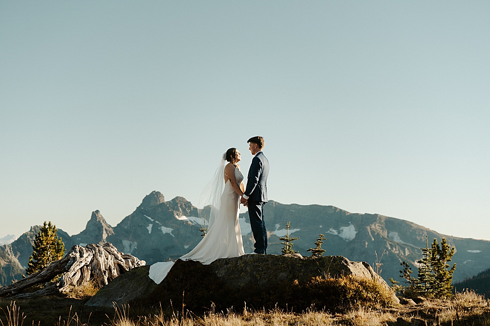 Bride and groom standing on a rock while holding hands with mountains in the background.