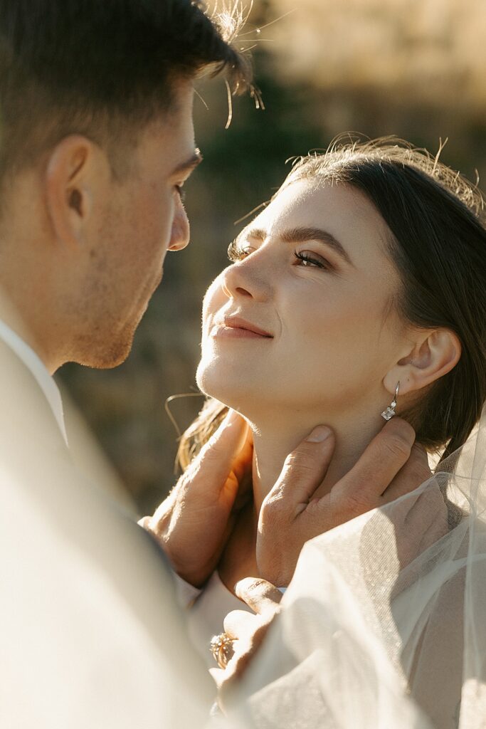Up close of groom holding bride's face while she smiles and looks at him during their Mount Rainier elopement.