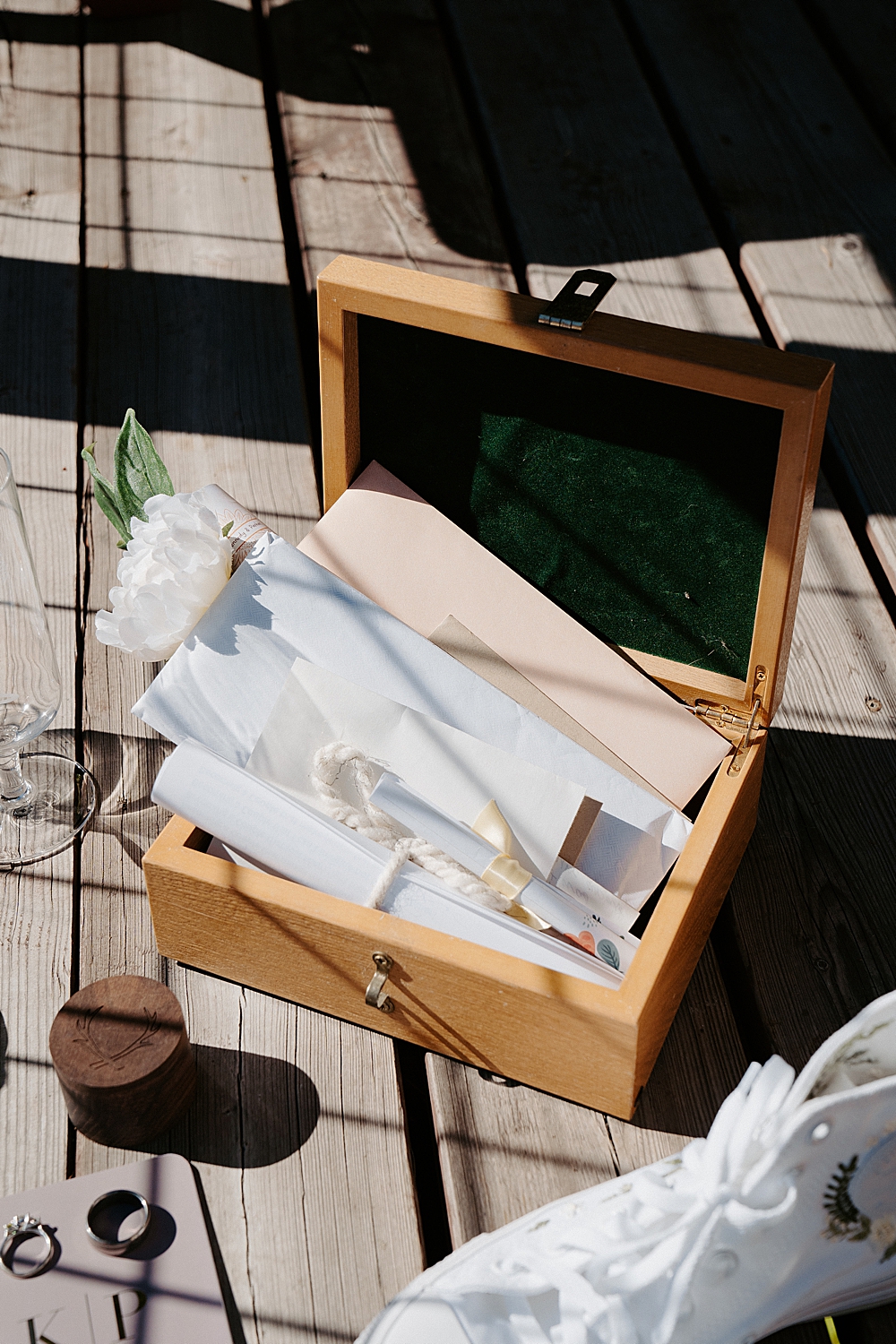 Wooden box of letters from loved ones to the bride and groom.
