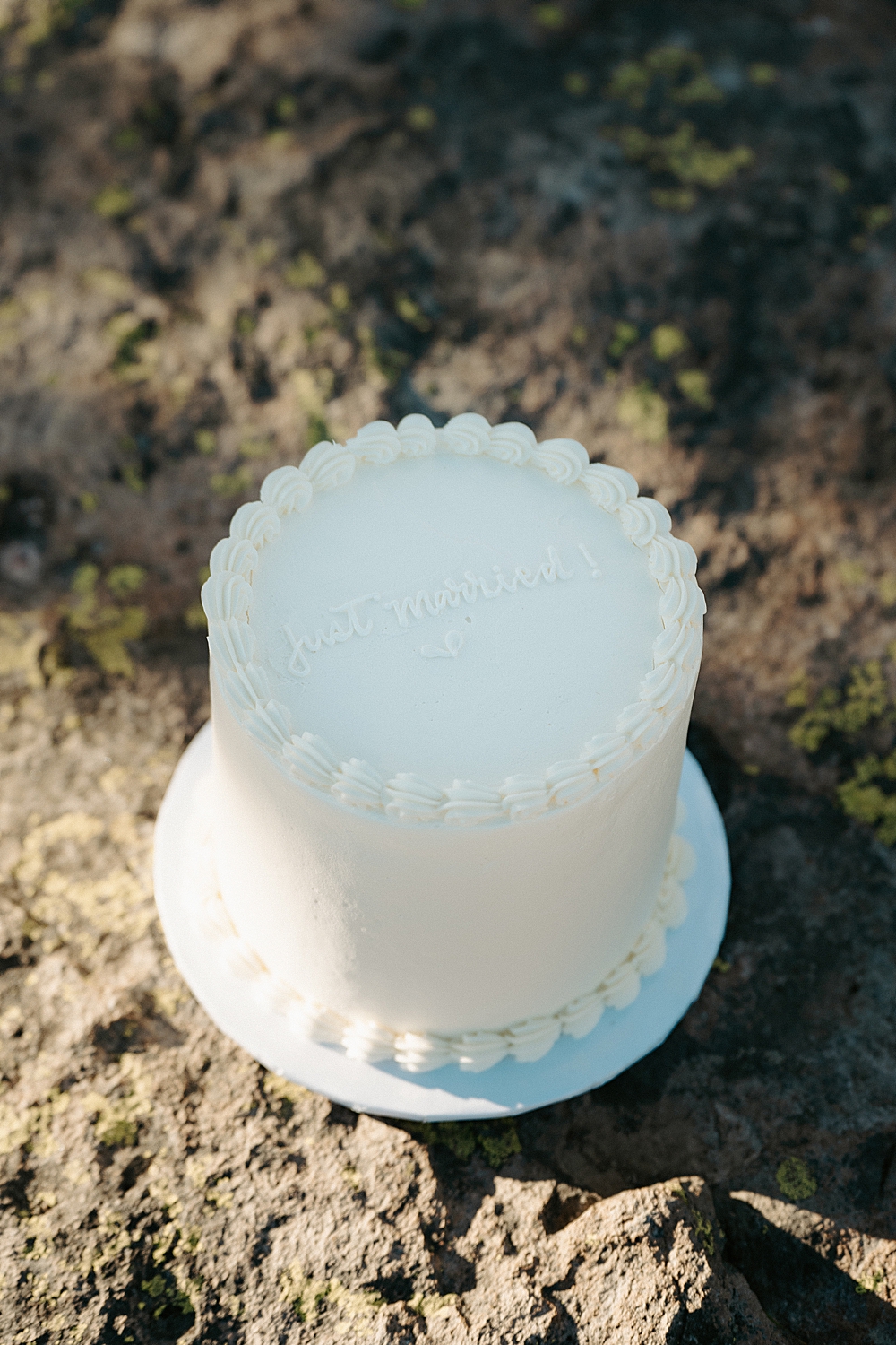 White wedding cake with "just married" written on the top.
