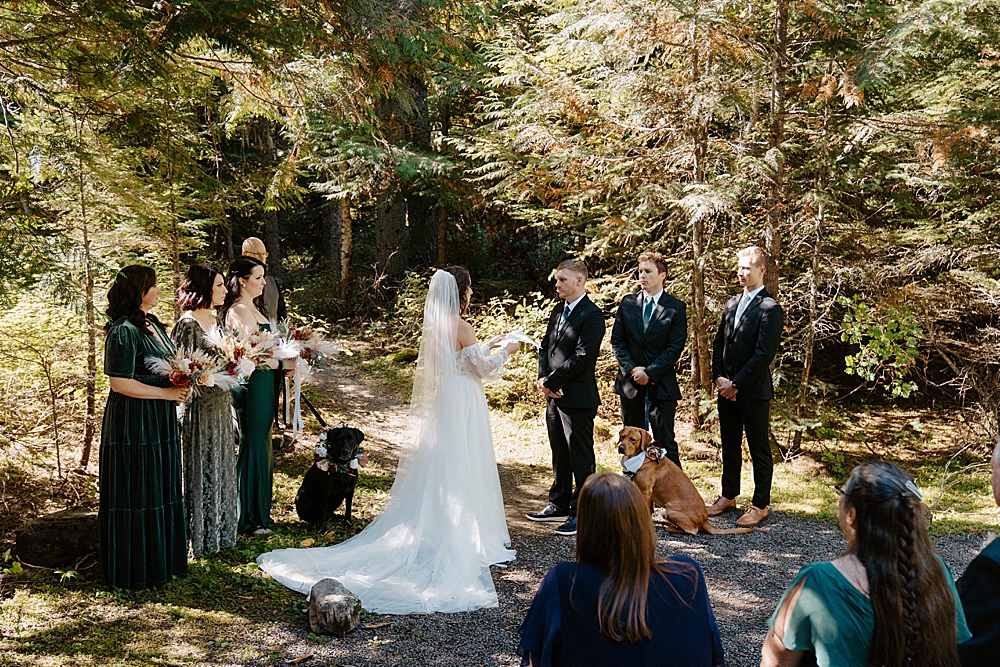 Forest ceremony with small wedding party in Glacier Park