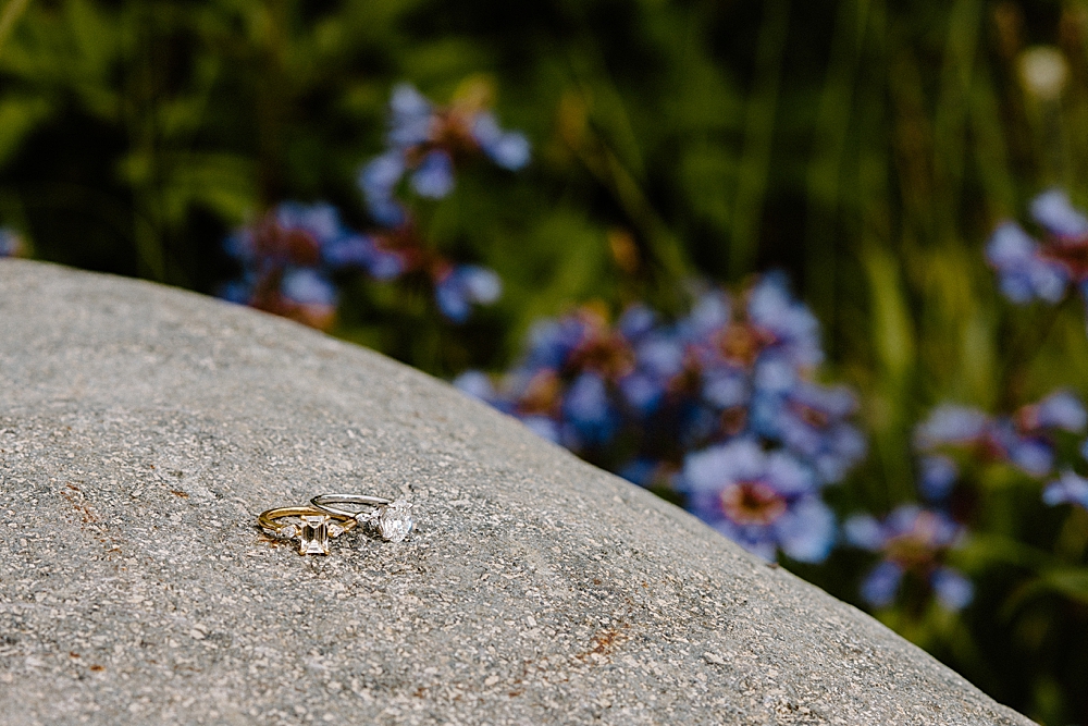One yellow gold and one white gold engagement ring sitting on a rock together with purple flowers blurry in the background.