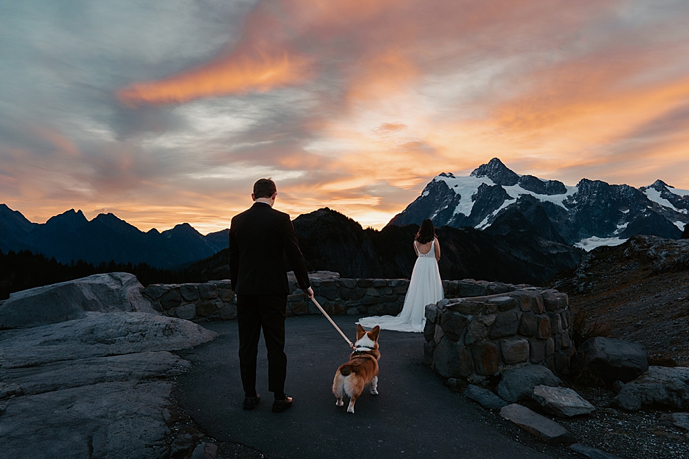 Bride facing Mount Shuksan before sunrise while groom walks up to her while walking their corgi pup.