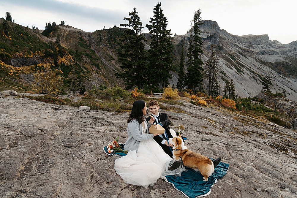 Bride, groom, and corgi sitting on a picnic blanket at Bagley Lakes sharing some cookies after their elopement day.