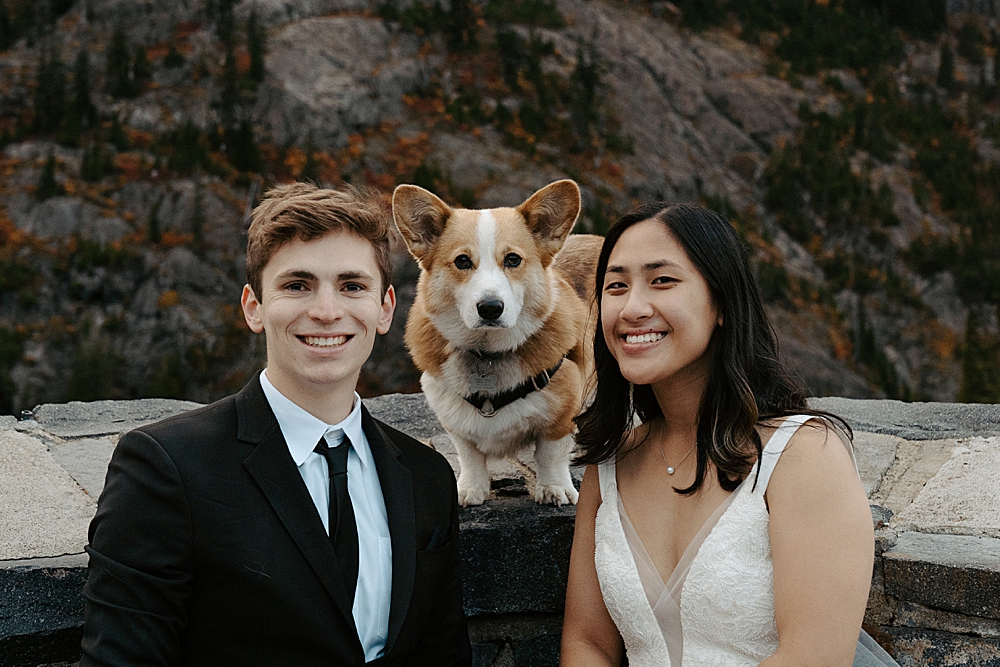 Bride and groom sitting and smiling with a corgi in between them while facing the camera. 