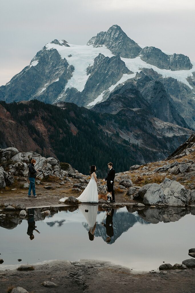 Artist Point sunrise elopement ceremony with bride, groom, officiant, and corgi puppy.