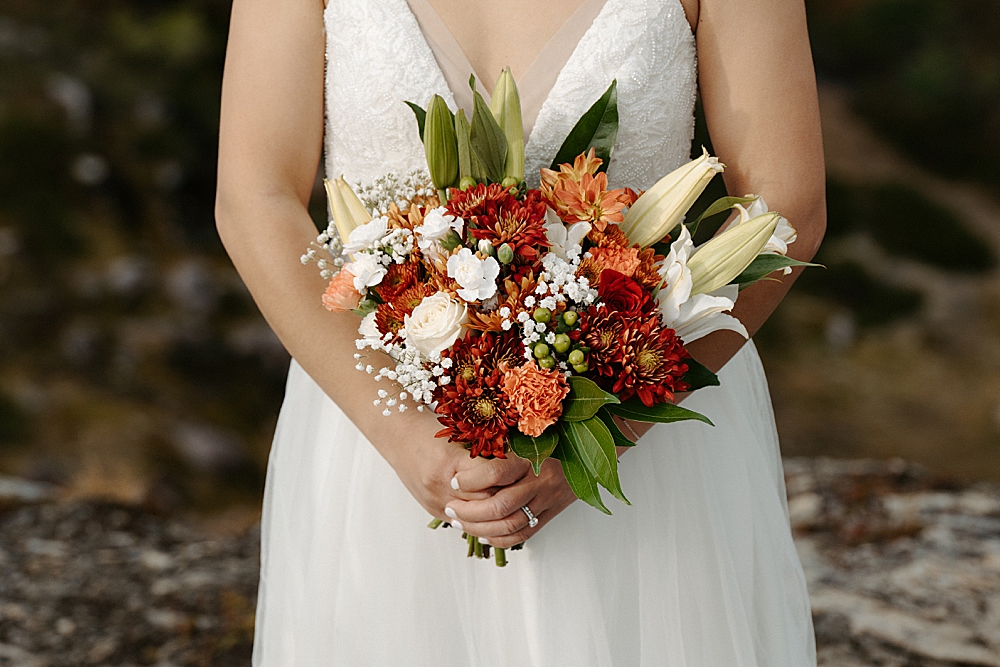 Up close of a fall wedding bouquet